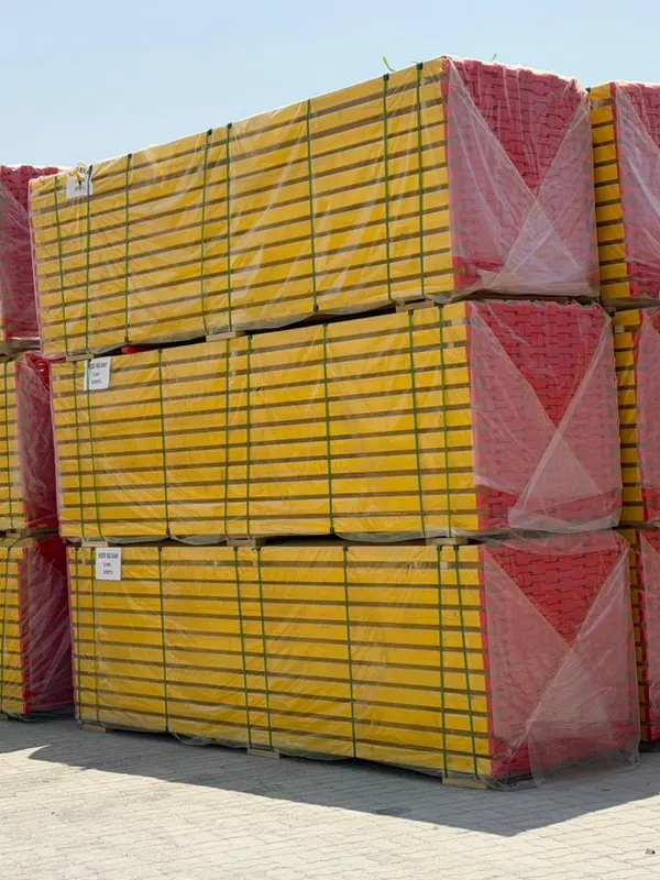 Film-wrapped packs of H20 timber beams stacked three high